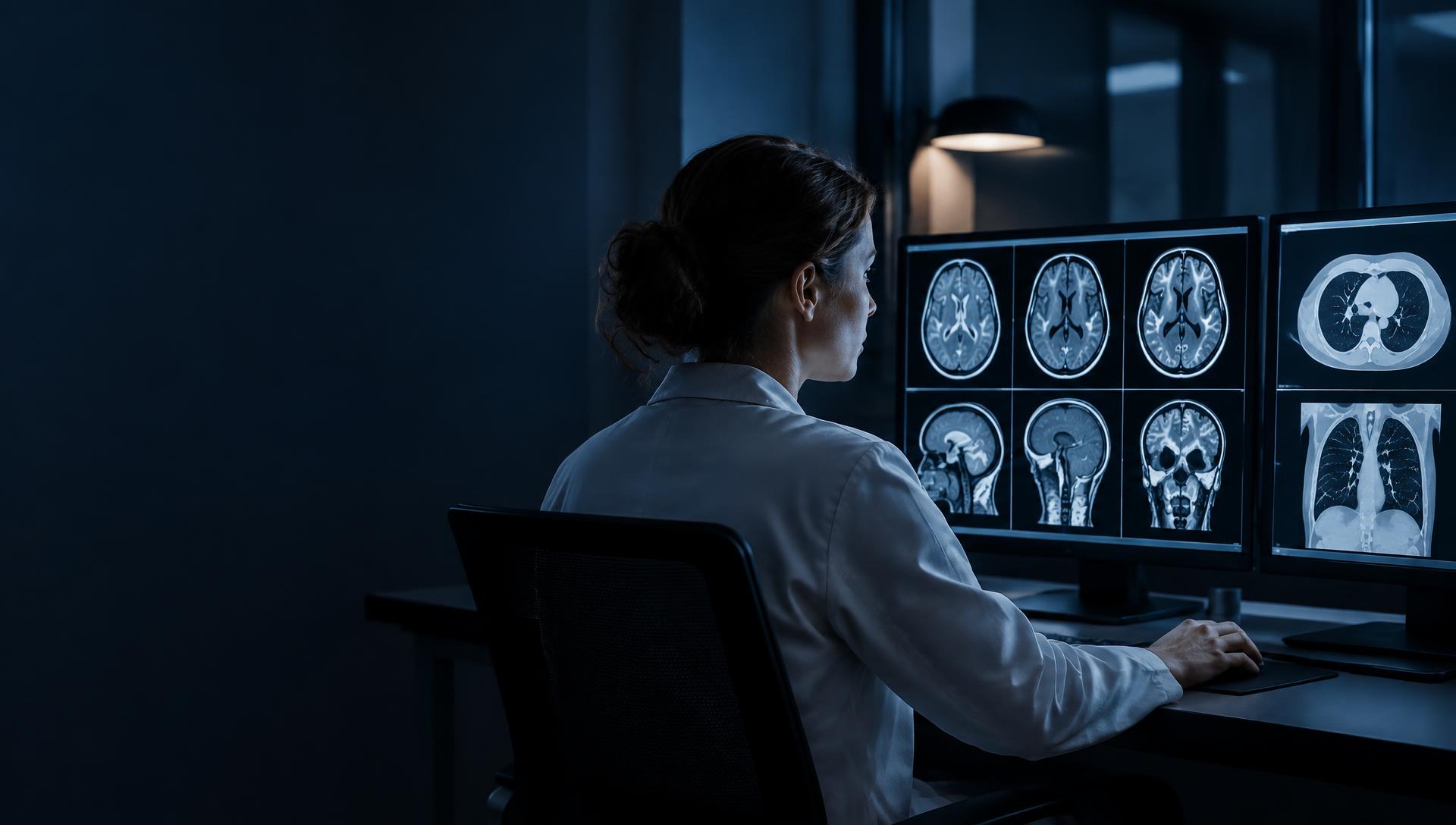 Radiologist reviewing synthetic teaching images at a workstation